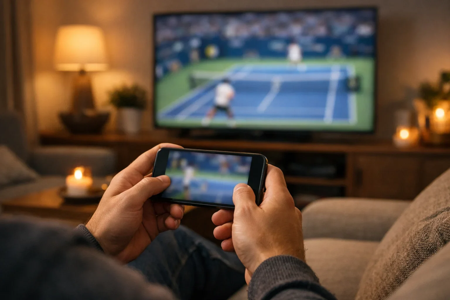 Aficionado siguiendo un partido de tenis en directo desde su teléfono móvil