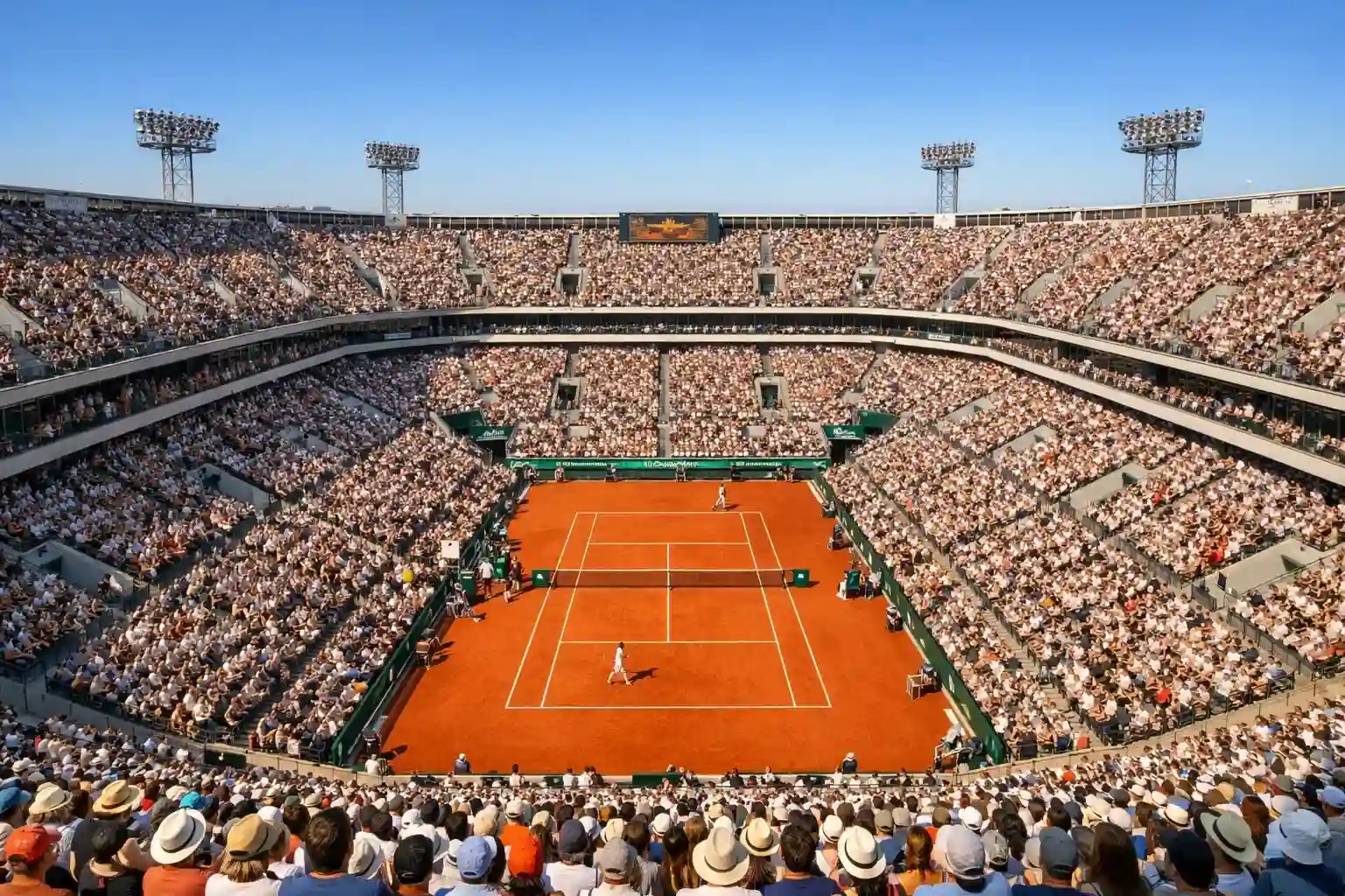 Vista panorámica de un estadio de Grand Slam con gradas llenas de aficionados