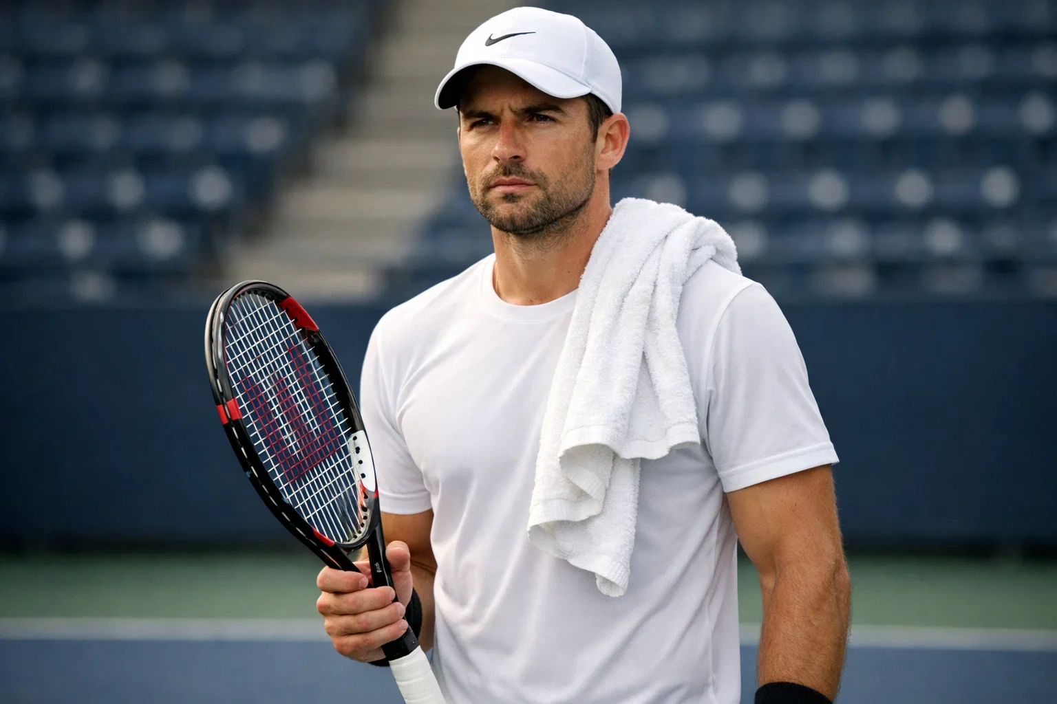 Tenista concentrado entre puntos mirando hacia la pista con expresión de determinación
