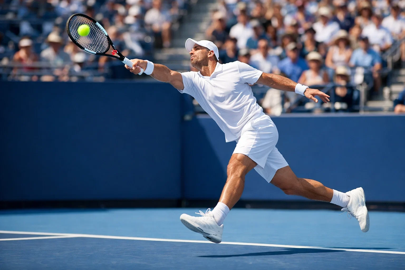 Tenista profesional ejecutando un saque potente en pista dura durante un torneo
